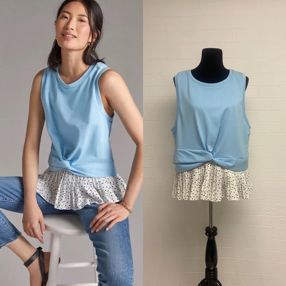 NWT Anthropologie. Size L,  Lea & Viola. Blue Knit Top with Peplum & Polka Dots